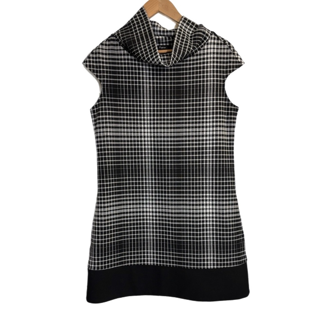 Express black & white plaid cap sleeve mini dress w/ cowl neck